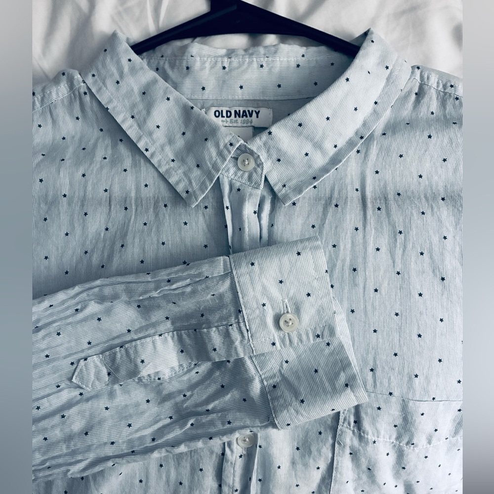 OLD NAVY WOMENS BUTTON DOWN BLUE COTTON BLOUSE NAVY STARS